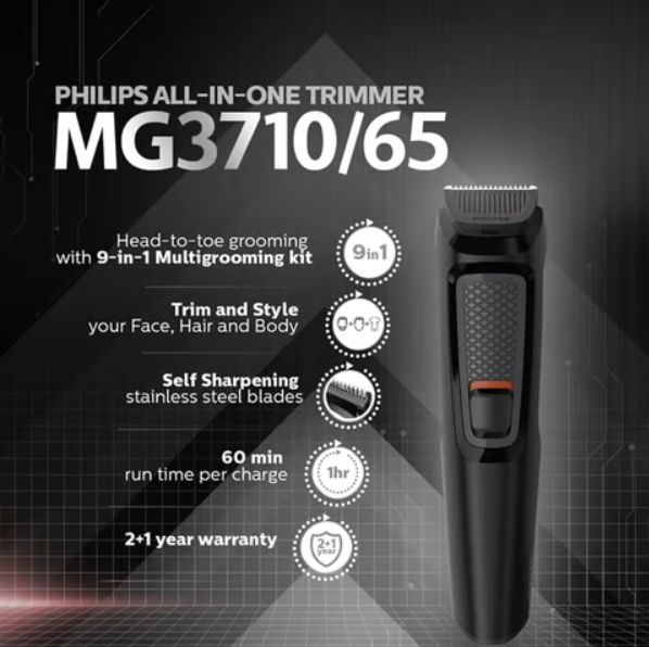 Philips Multi Grooming Trimmer for Face, Nose & Body (Black, MG3710/65) - Image 2