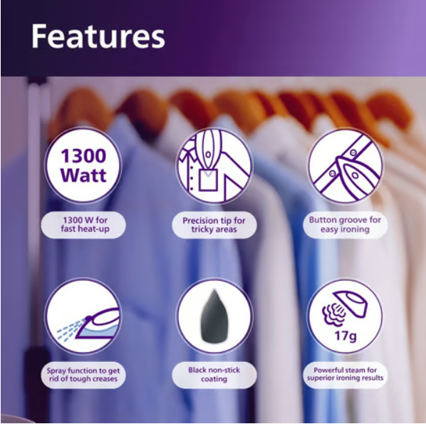 Philips Domestic Easy Speed GC1905 Steam Iron 1300W (Blue) - Image 3