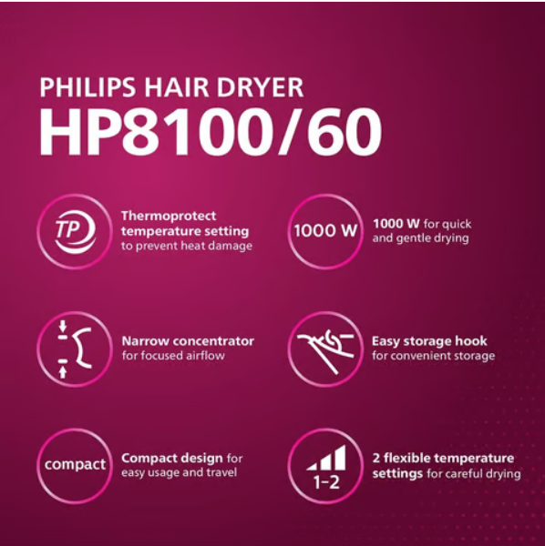 Philips HP8100/60 Compact Hair Dryer (Blue, 1000W) - Image 8
