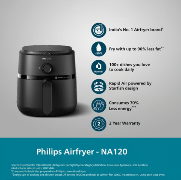 Philips Domestic Air Fryer (1500W, NA120/00, Black) - Image 2