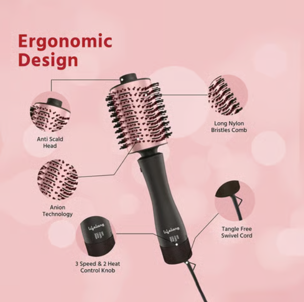 Lifelong Volumizer 4 in 1 Multi-styler Ceramic Hair Brush Straightener (Rose Gold, 1200W) - Image 6