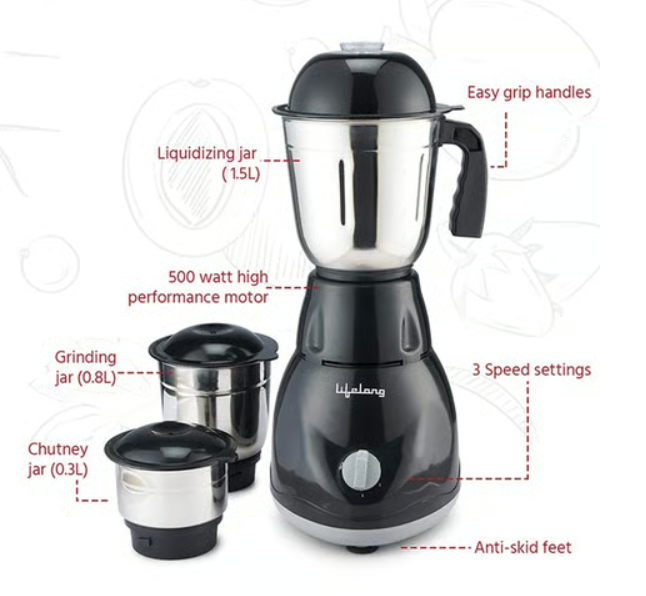 Lifelong Power Pro 3 Jar 500W Juicer Mixer Grinder (LLMG23, Black) (Black) - Image 5